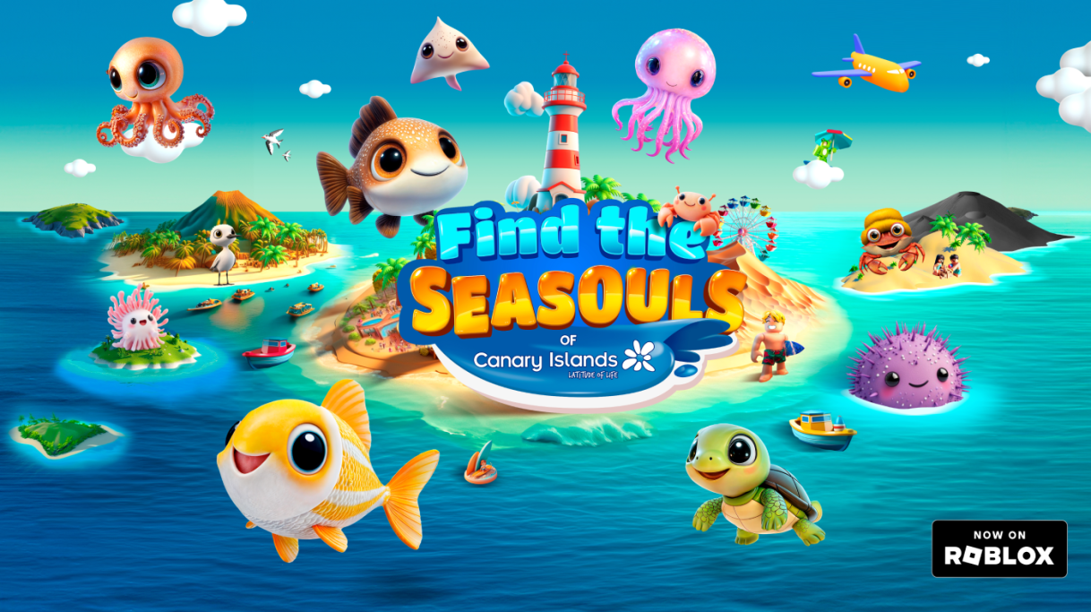 Isla tropical con animales marinos animados y el texto "Find the Seasouls" en el centro.