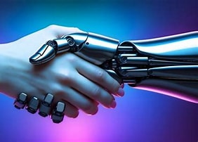 Mano humana y mano robótica se entrelazan en un fondo de luces brillantes.